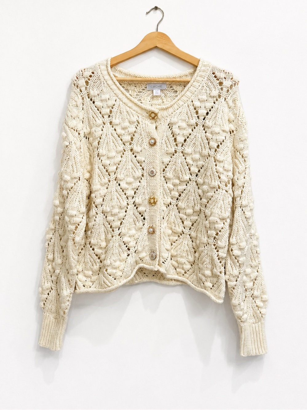 Caché Ivory Open Knit Jeweled Button Cardigan Sweater XL